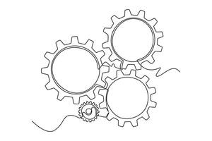 Continuous one line drawing of round metal wheel gear cog for mechanic company logo identity. Teamwork and collaboration process at office concept. Single line draw design graphic illustration vector