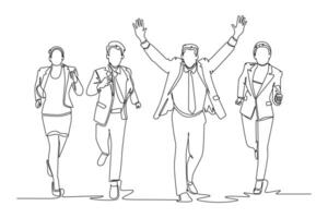 Single one line drawing group of male and female worker doing sprint race on road track cross finish line. Business running competition concept. Continuous line draw design graphic illustration vector