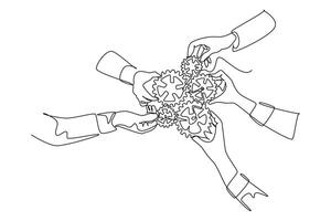 Continuous one line drawing hand gesture male and female business team member unite piece of gears to one as team building symbol. Teamwork concept. Single line draw design graphic illustration vector