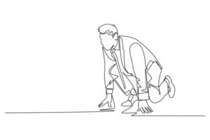 Continuous one line drawing of office employee or businessman get ready to sprint run on running track. Business race challenge competition concept. Single line draw design graphic illustration vector