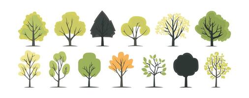 Tree and leaf collection hand drawn flat design element. botanical set of bare trees and ones with leaves and lush vector