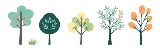 Set of tree and leaf collection hand drawn flat design element. botanical set of bare trees and ones with leaves and lush green vector