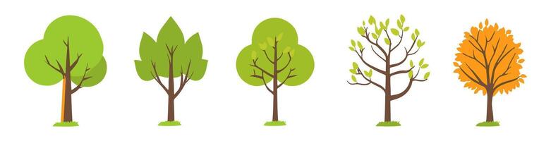 Tree and leaf collection hand drawn flat design element. botanical set of bare trees and ones with green orange leaves and lush limited pastel color vector