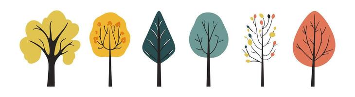Tree and leaf collection hand drawn flat design element. botanical set of bare trees and ones with leaves and lush with green orange yellow red color vector