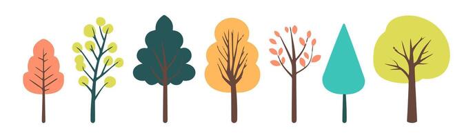 Set of tree and leaf collection hand drawn flat design element. botanical set of green bare trees and ones with leaves and lush green vector