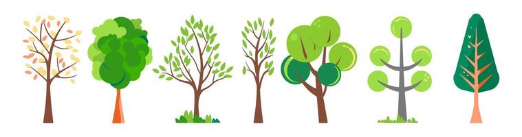 Tree and green leaf collection hand drawn flat design. botanical set of bare trees and ones with leaves and lush limited flat pastel color vector