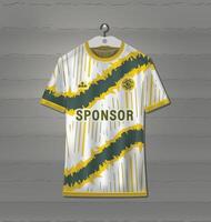 Soccer jersey design with abstract line patterns on a green and orange background vector