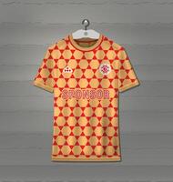 Sports uniform jersey design with orange abstract hexagon pattern background vector