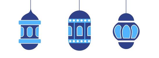 Set of three lantern islamic isolated element for ramadhan and eid event with blue color and white background vector