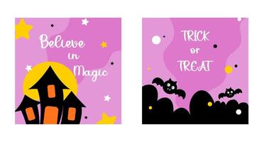 Set of Happy Halloween instagram post template with castle and bat element on pink background. Good for banned, flyer, poster, greeting card, invitation, promotion and business advertisement vector