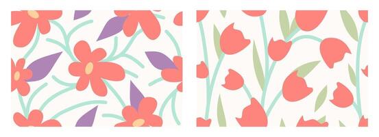 Set of Seamless floral pattern background and cute tulips flower botanical print in pretty colors vector