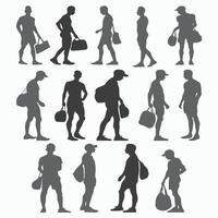 Set of black silhouette of a man carrying a duffel bag from different perspectives isolated on white background vector