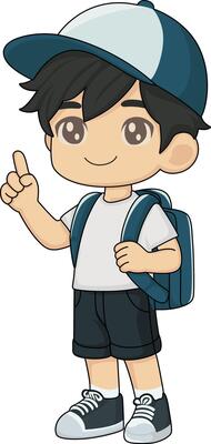 Character of a School Child Carrying a Bag and Raising His Hand