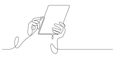 hand using tablet online working and communication one line drawing continuous vector