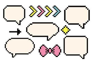 Set of pixel art cloud bubble quote box speech bubble dialog retro 8 bit arcade game interface, manga. Comic chat rectange pixel elements, arrow, star, heart. vector