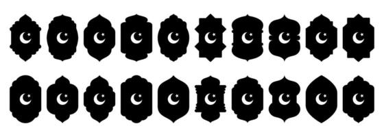 Shape Islamic door and window silhouette Arabic arch with crescent moon. Collection of patterns in oriental style. Frames in Arabic Muslim design for Ramadan Kareem. mosque gate isolated on vector