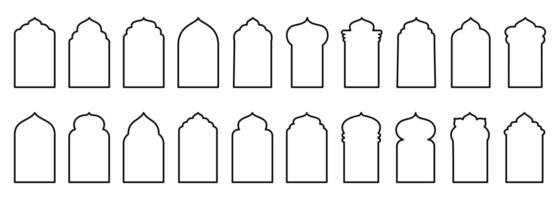 Shape Islamic door and window silhouette Arabic arch. Collection of patterns in oriental style. Frames in Arabic Muslim design for Ramadan Kareem. mosque gate stroke isolated on white vector