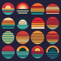 Set of retro sunsets in 80s and 90s style with round and t-shirt design vector