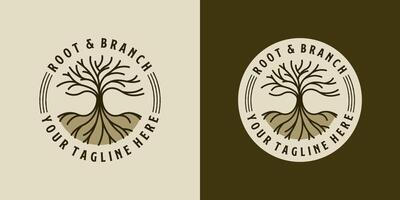 Tree logo badge illustration design. Creative tree logo badge with branch and root on soil element vector