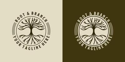Nature tree modern logo with branch and root element. Line art creative tree logo design in circle badge vector