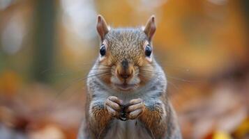 Autumn scene featuring a red squirrel eating in a forest with falling leaves. photo