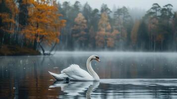 Swan floating on the surface of the forest and itself on the water photo