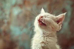 A white kitten with its mouth open as if meowing photo