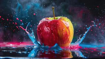 Bright splitting apple with water splash against glowing abstract backdrop photo