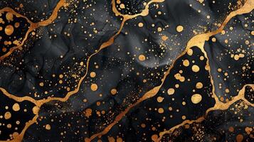 Black and gold abstract art with shimmering dots and marbled patterns photo
