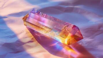 Macro of crystal prism rainbow reflection of a crystal, sunny, on a white backdrop, shadow ang light, purple and pink soft light photo