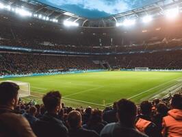 Crowd of spectators cheering during soccer game in stadium photo