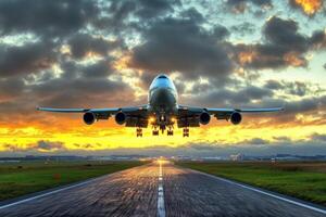 Passenger airplane landing at airport runway during sunset photo