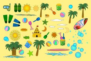 Vibrant set featuring beach games and summer activities, perfect for summertime fun and creative projects. Includes toys, palm trees, and more. vector