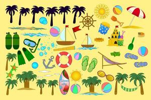 Colorful set of beach-themed elements including palm trees, sandcastles, and beach balls. Ideal for summer designs and projects. vector