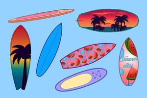 A vibrant collection of summertime surfboards with fun, tropical designs. Perfect for beach, vacation, and summer-themed projects. vector