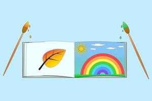 Illustration of an open drawing album with a colorful leaf and rainbow. Paintbrushes drip vibrant paint, symbolizing creativity and back-to-school preparation. vector