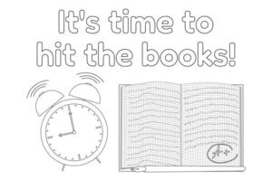 Fun back-to-school coloring page with an alarm clock, an open book, and motivational text. Perfect for kids educational materials. vector