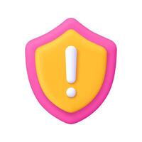 Security shield with exclamation point. Cyber safety, security and protection, warning attention and risk concept. 3d icon. Cartoon minimal style. vector