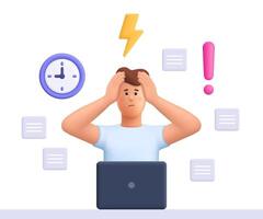 Stressed and busy man working on computer, holding head in hands, failed to meet deadline. Deadline pressure, stressful job. 3d people character. Cartoon minimal style. vector