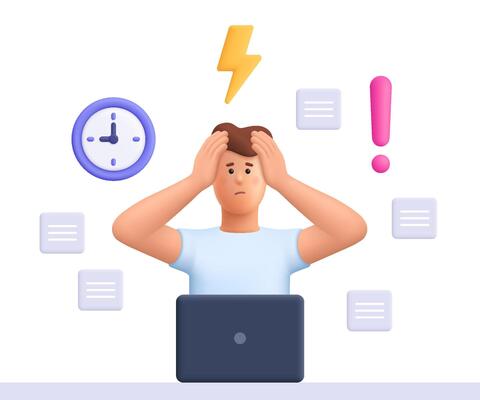 Stressed and busy man working on computer, holding head in hands, failed to meet deadline. Deadline pressure, stressful job. 3d people character. Cartoon minimal style.