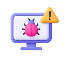 Computer with bug with warning symbol, triangle with exclamation point. Computer virus, malware, bug alert, cyber security concept. 3d icon. Cartoon minimal style. vector