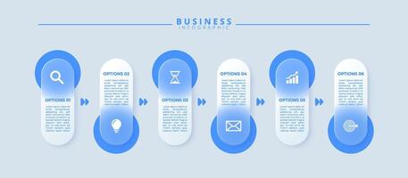 Infographic label design template featuring icons and six distinct steps. Ideal for process charts, presentation slides, workflow schemes, banners, flow diagrams, and data visualizations. vector
