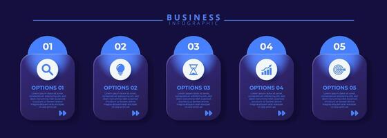 Infographic label design template featuring icons and five distinct steps. Ideal for process charts, presentation slides, workflow schemes, banners, flow diagrams, and data visualizations. vector
