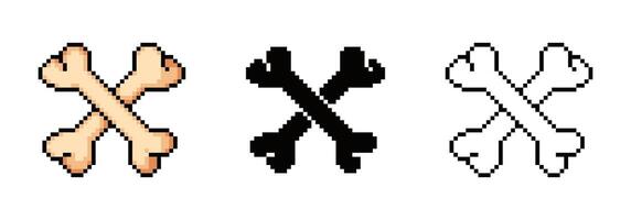 Crossed bones pixel icons. Retro skull and danger symbol vector