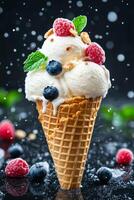 Delicious ice cream dripping in waffle cone with berries and nuts photo