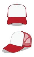 Red and white mesh hat mockup front and back view vector