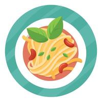 Close-up of a plate of pasta with bacon. parmesan cheese and fresh basil. vector