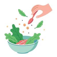 Hand tossing spinach leaves into a salad bowl. bacon strips on the corner vector
