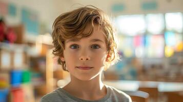 Portrait of cute boy in classroom at school. Selective focus. photo