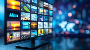 Tv showing streaming platform user interface with gallery, displaying several videos on screen photo
